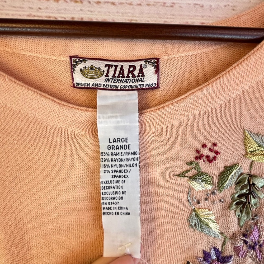 Vintage Embroidered Beaded Cardigan L Peach Ramie/Rayon 3D Ribbon Floral Whimsy - Picture 3 of 16